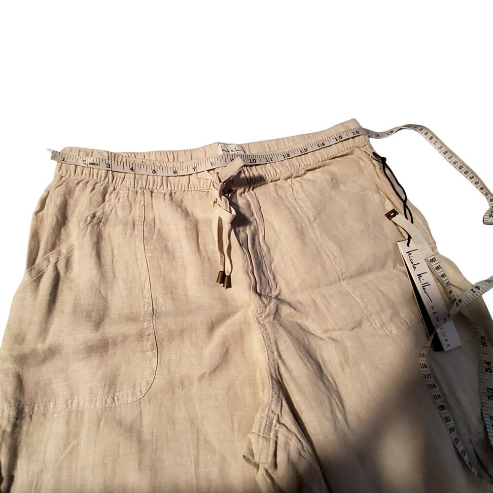 Linen Cargo Jogger Pants With Elastic Waist & Pockets Beige Lightweight Size L - Picture 3 of 11